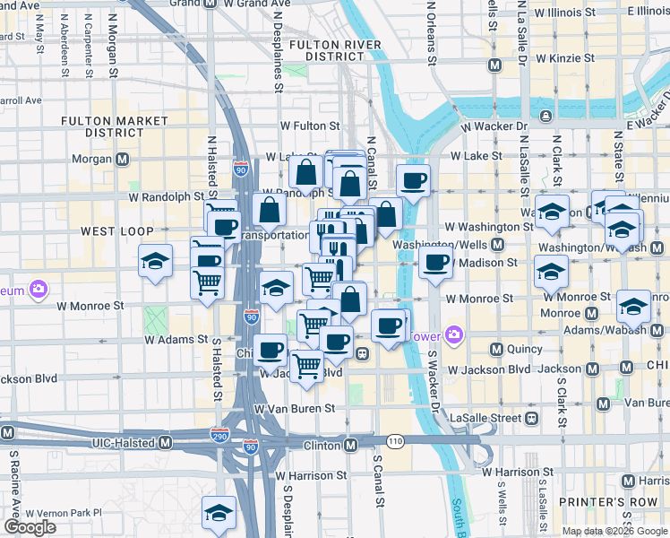 map of restaurants, bars, coffee shops, grocery stores, and more near 547 West Madison Street in Chicago