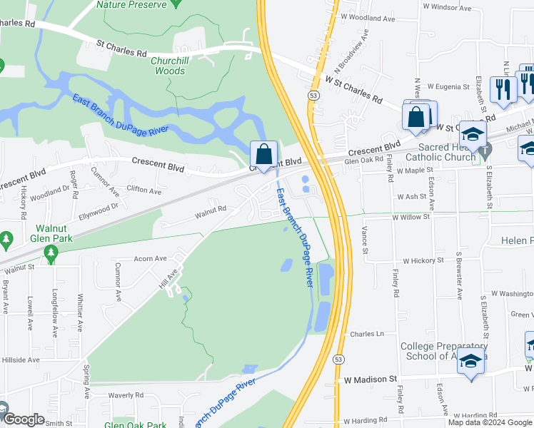 map of restaurants, bars, coffee shops, grocery stores, and more near 21W171 Hill Avenue in Glen Ellyn