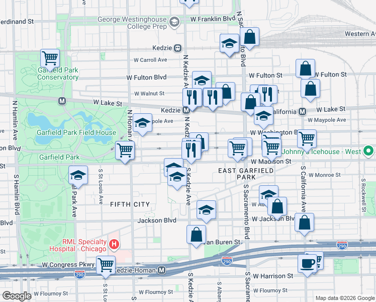 map of restaurants, bars, coffee shops, grocery stores, and more near 25 North Kedzie Avenue in Chicago