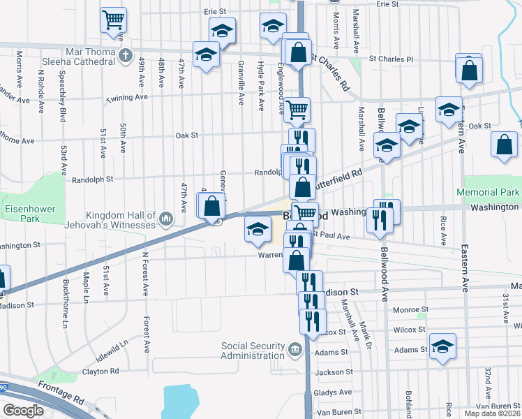 map of restaurants, bars, coffee shops, grocery stores, and more near 4115 Illinois 56 in Hillside