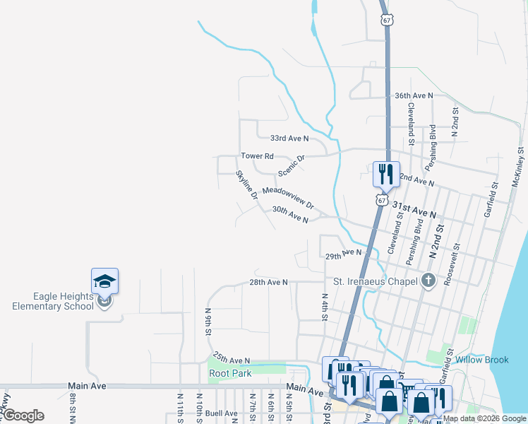 map of restaurants, bars, coffee shops, grocery stores, and more near 3012 Skyline Dr in Clinton