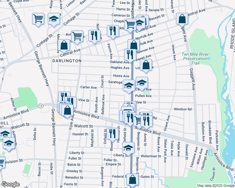 map of restaurants, bars, coffee shops, grocery stores, and more near 23 Pullen Avenue in Pawtucket
