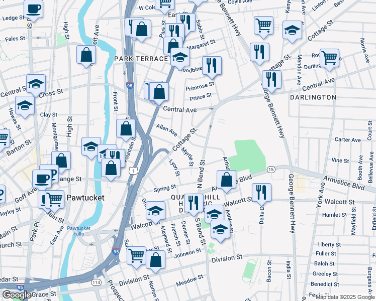 map of restaurants, bars, coffee shops, grocery stores, and more near 145 Cottage Street in Pawtucket
