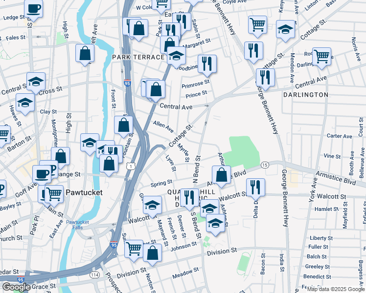 map of restaurants, bars, coffee shops, grocery stores, and more near 145 Cottage Street in Pawtucket