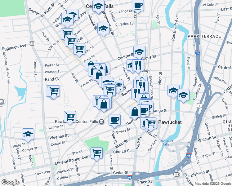 map of restaurants, bars, coffee shops, grocery stores, and more near 223 Barton Street in Pawtucket