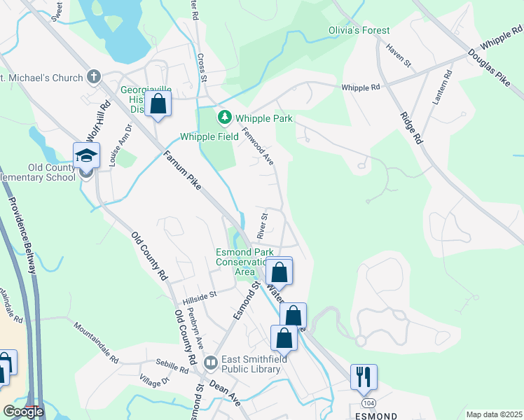 map of restaurants, bars, coffee shops, grocery stores, and more near 5 Lincoln Street in Smithfield
