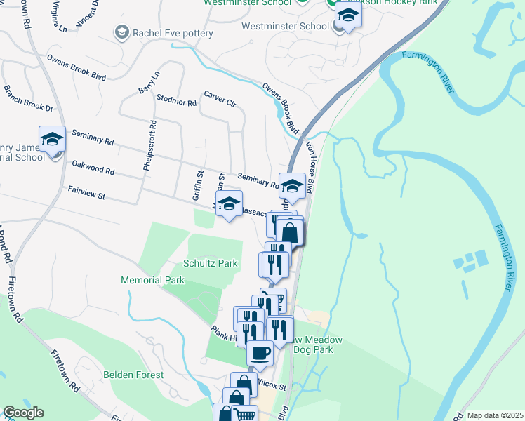 map of restaurants, bars, coffee shops, grocery stores, and more near 8 Massaco Street in Simsbury