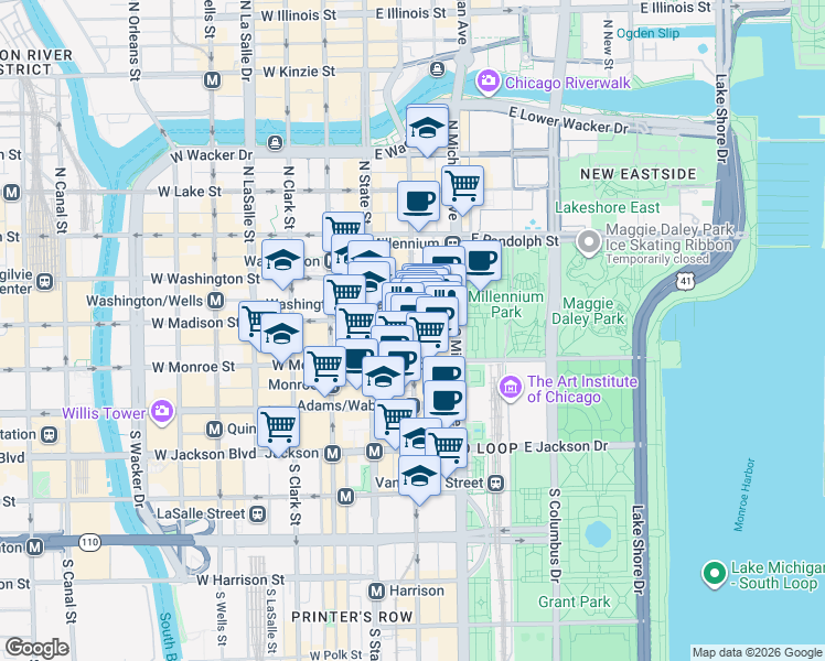 map of restaurants, bars, coffee shops, grocery stores, and more near 1 South Wabash Avenue in Chicago