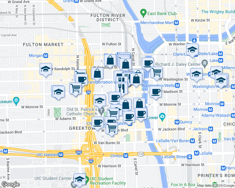 map of restaurants, bars, coffee shops, grocery stores, and more near 575 West Madison Street in Chicago