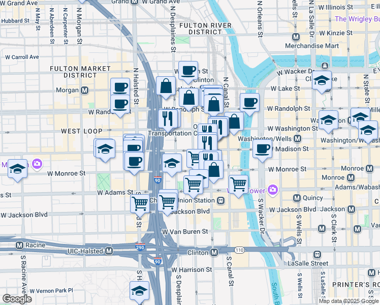 map of restaurants, bars, coffee shops, grocery stores, and more near 625 West Madison Street in Chicago