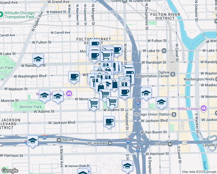 map of restaurants, bars, coffee shops, grocery stores, and more near 855 West Madison Street in Chicago