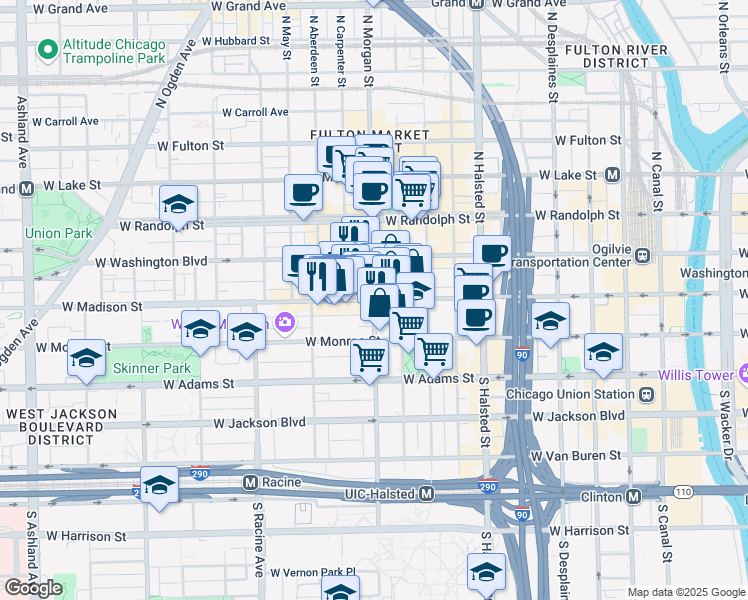 map of restaurants, bars, coffee shops, grocery stores, and more near 1001 West Madison Street in Chicago