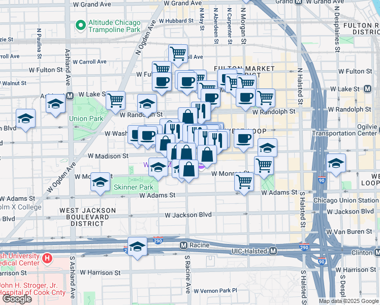 map of restaurants, bars, coffee shops, grocery stores, and more near in Chicago