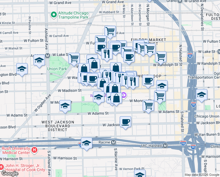 map of restaurants, bars, coffee shops, grocery stores, and more near 1237 West Madison Street in Chicago