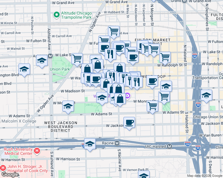 map of restaurants, bars, coffee shops, grocery stores, and more near 1237 West Madison Street in Chicago