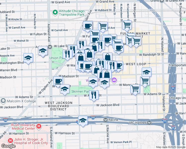 map of restaurants, bars, coffee shops, grocery stores, and more near 1301 West Madison Street in Chicago