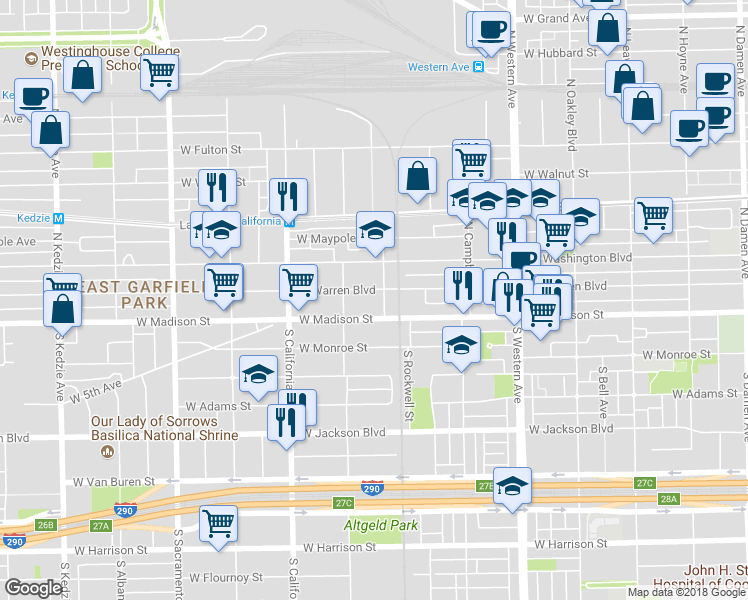 map of restaurants, bars, coffee shops, grocery stores, and more near 2652 West Madison Street in Chicago