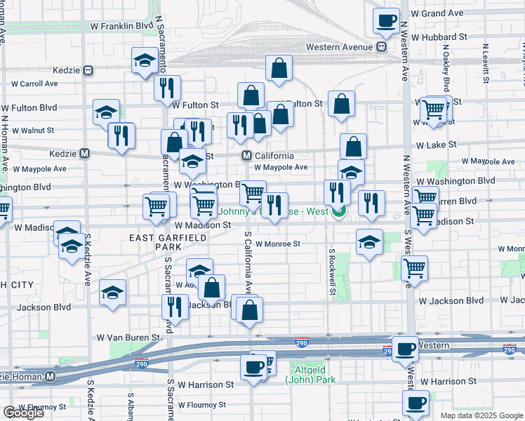 map of restaurants, bars, coffee shops, grocery stores, and more near 2748 West Madison Street in Chicago