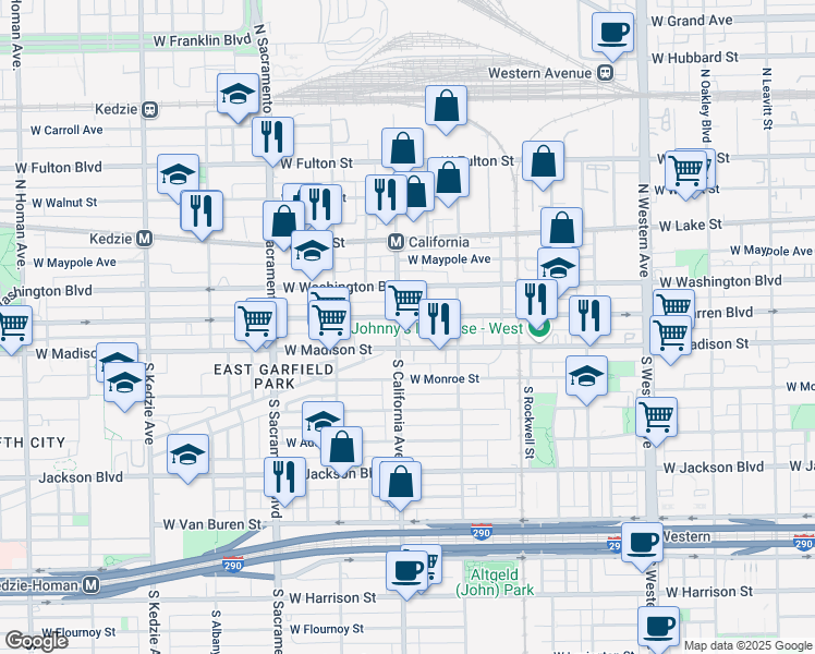 map of restaurants, bars, coffee shops, grocery stores, and more near 2748 West Madison Street in Chicago