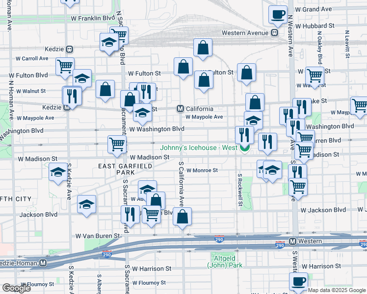 map of restaurants, bars, coffee shops, grocery stores, and more near 2748 West Madison Street in Chicago