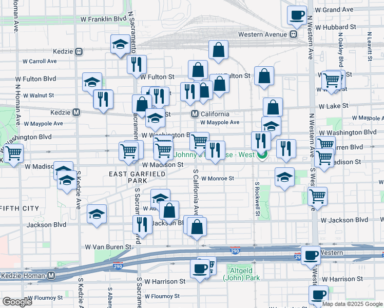 map of restaurants, bars, coffee shops, grocery stores, and more near 2748 West Madison Street in Chicago