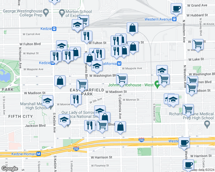 map of restaurants, bars, coffee shops, grocery stores, and more near 2830 West Madison Street in Chicago