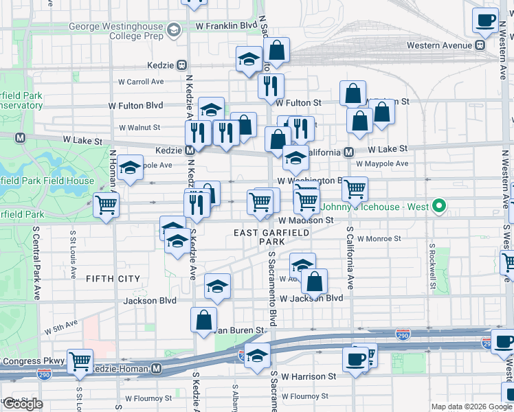map of restaurants, bars, coffee shops, grocery stores, and more near 3015 West Warren Boulevard in Chicago
