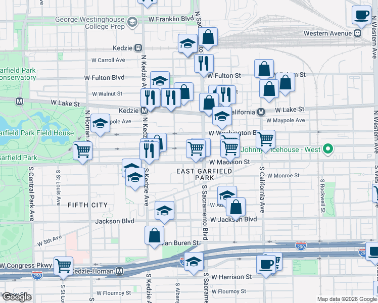 map of restaurants, bars, coffee shops, grocery stores, and more near 3015 West Warren Boulevard in Chicago
