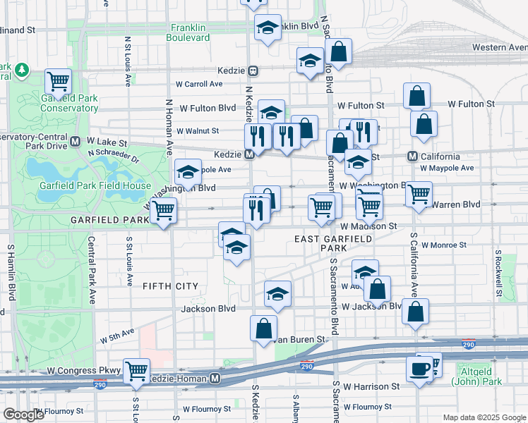 map of restaurants, bars, coffee shops, grocery stores, and more near 3129 Nancy B Jefferson Boulevard in Chicago