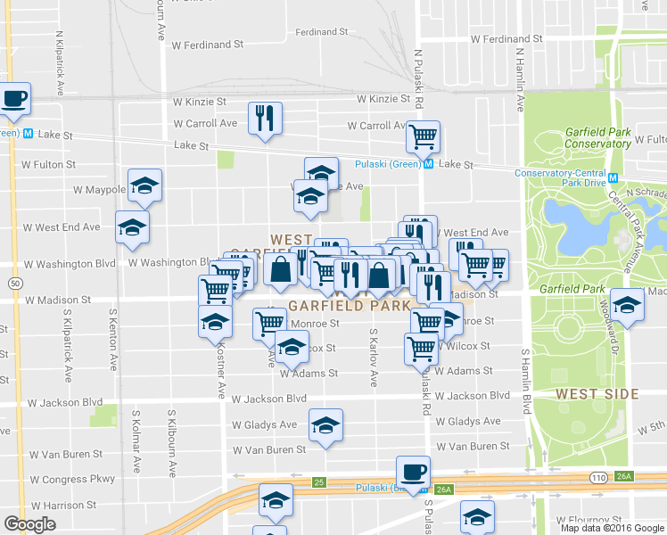 map of restaurants, bars, coffee shops, grocery stores, and more near 4159 West Washington Boulevard in Chicago