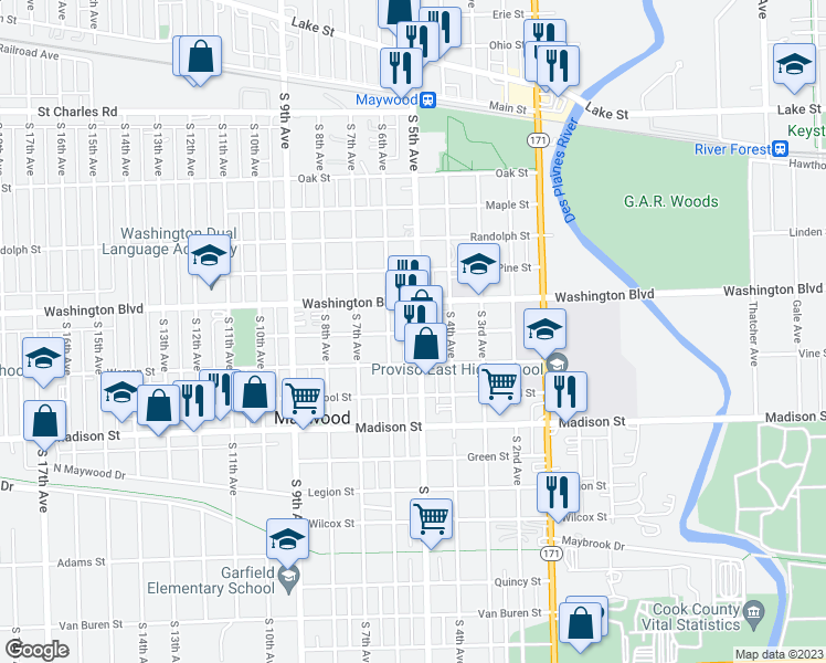 map of restaurants, bars, coffee shops, grocery stores, and more near 414 Walnut Street in Maywood