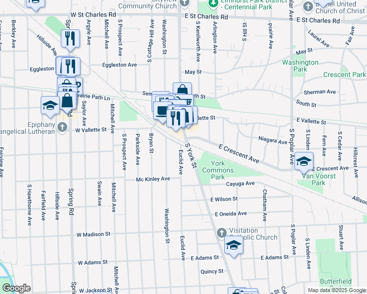 map of restaurants, bars, coffee shops, grocery stores, and more near in Elmhurst