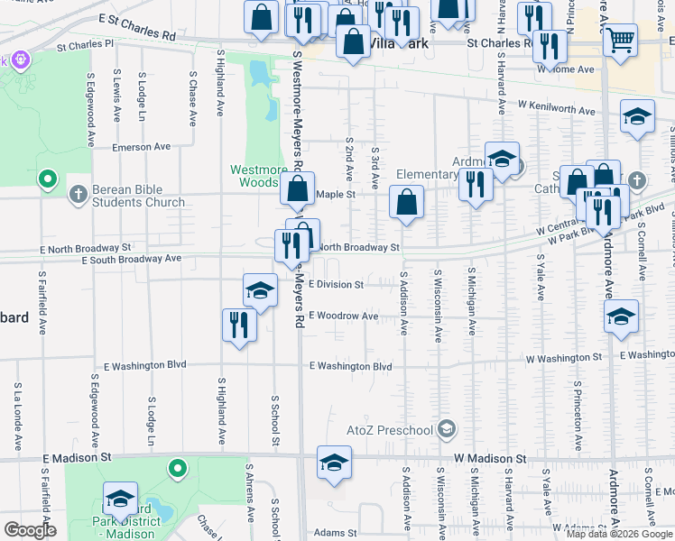 map of restaurants, bars, coffee shops, grocery stores, and more near 1042 East Division Street in Lombard