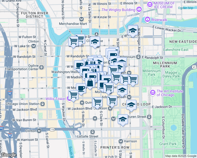map of restaurants, bars, coffee shops, grocery stores, and more near 100 West Monroe Street in Chicago