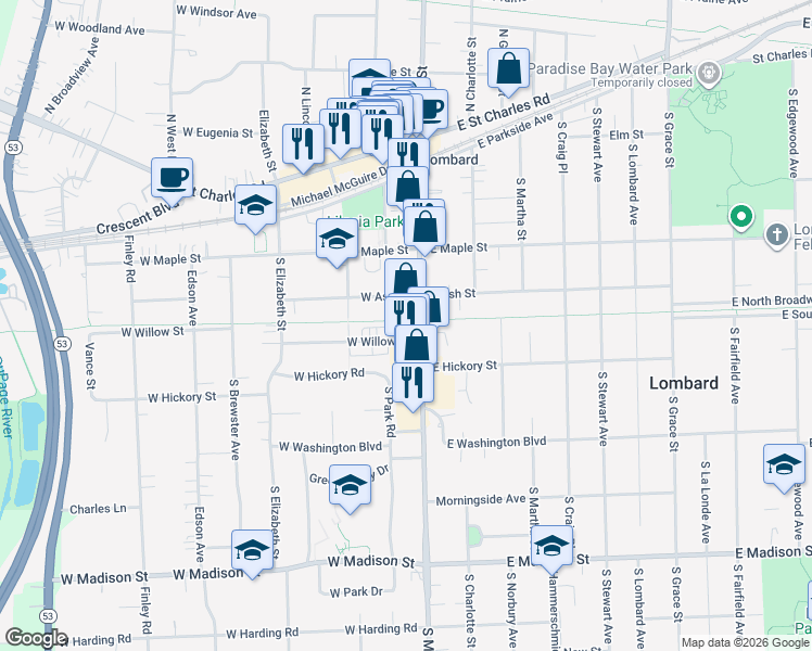 map of restaurants, bars, coffee shops, grocery stores, and more near 330 South Main Street in Lombard