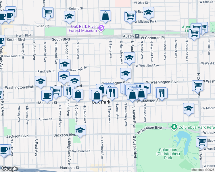 map of restaurants, bars, coffee shops, grocery stores, and more near 111 Washington Boulevard in Oak Park
