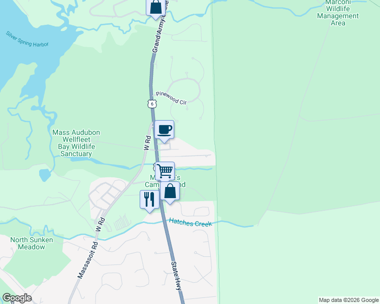 map of restaurants, bars, coffee shops, grocery stores, and more near 69 Spring Brook Road in Wellfleet
