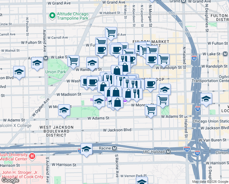 map of restaurants, bars, coffee shops, grocery stores, and more near 1200 West Madison Street in Chicago