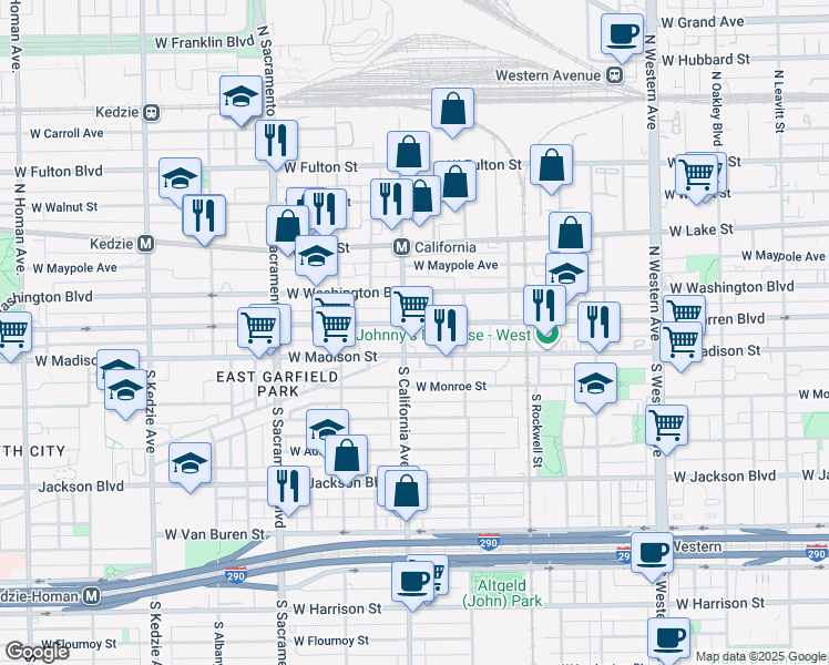 map of restaurants, bars, coffee shops, grocery stores, and more near 2748 West Madison Street in Chicago