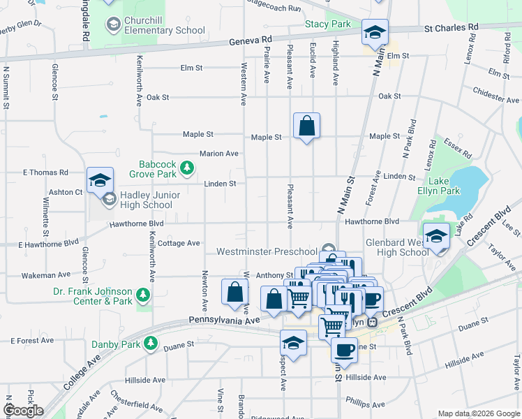 map of restaurants, bars, coffee shops, grocery stores, and more near 428 Hawthorne Boulevard in Glen Ellyn