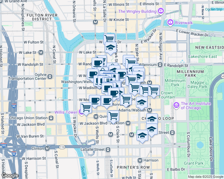 map of restaurants, bars, coffee shops, grocery stores, and more near 19 South LaSalle Street in Chicago