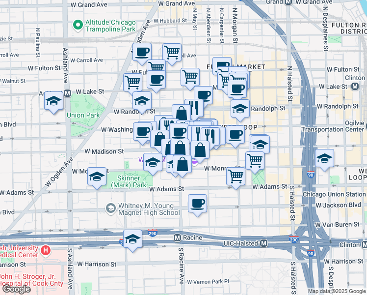 map of restaurants, bars, coffee shops, grocery stores, and more near 1164 West Madison Street in Chicago