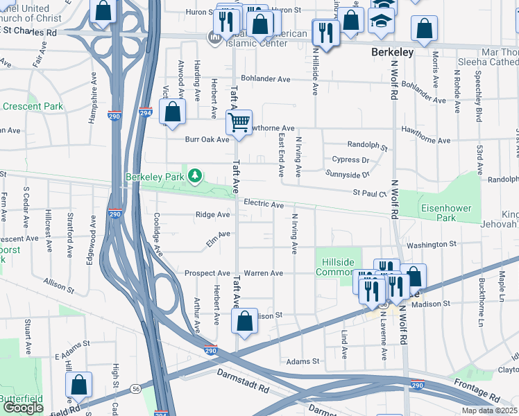 map of restaurants, bars, coffee shops, grocery stores, and more near 5147 Electric Avenue in Hillside