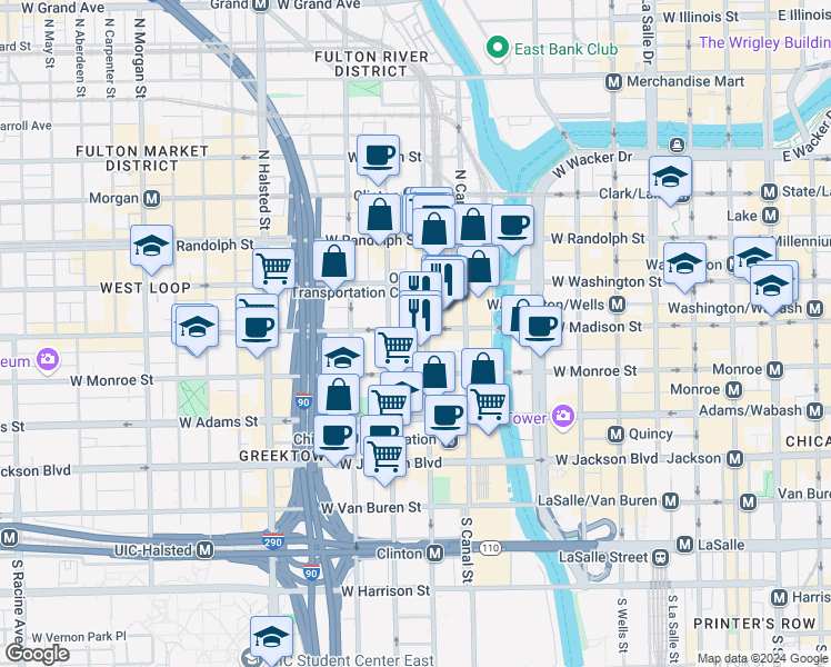map of restaurants, bars, coffee shops, grocery stores, and more near 500 West Madison Street in Chicago