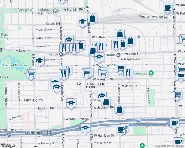 map of restaurants, bars, coffee shops, grocery stores, and more near 2942 West Madison Street in Chicago