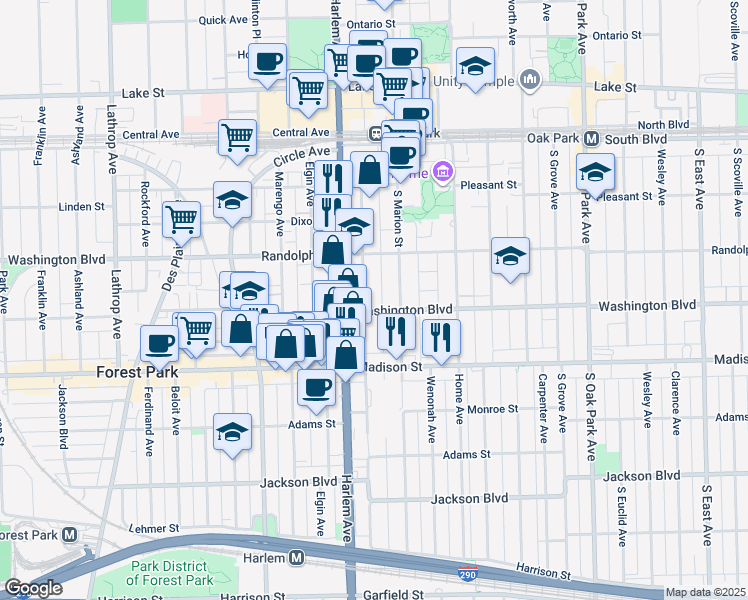 map of restaurants, bars, coffee shops, grocery stores, and more near 344 South Maple Avenue in Oak Park