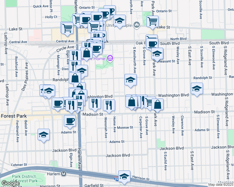 map of restaurants, bars, coffee shops, grocery stores, and more near 400 Home Avenue in Oak Park