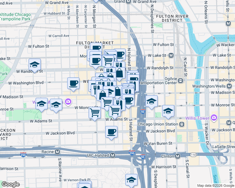 map of restaurants, bars, coffee shops, grocery stores, and more near 855 West Madison Street in Chicago