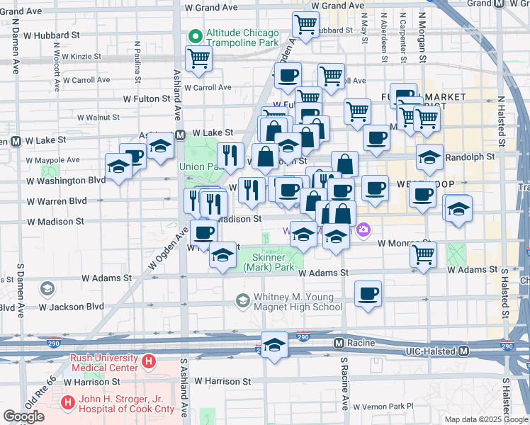 map of restaurants, bars, coffee shops, grocery stores, and more near 1342 West Madison Street in Chicago