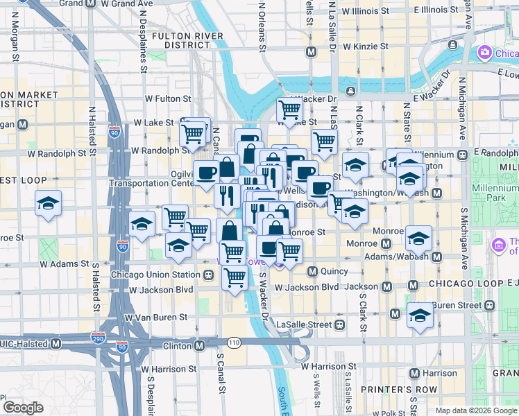 map of restaurants, bars, coffee shops, grocery stores, and more near in Chicago